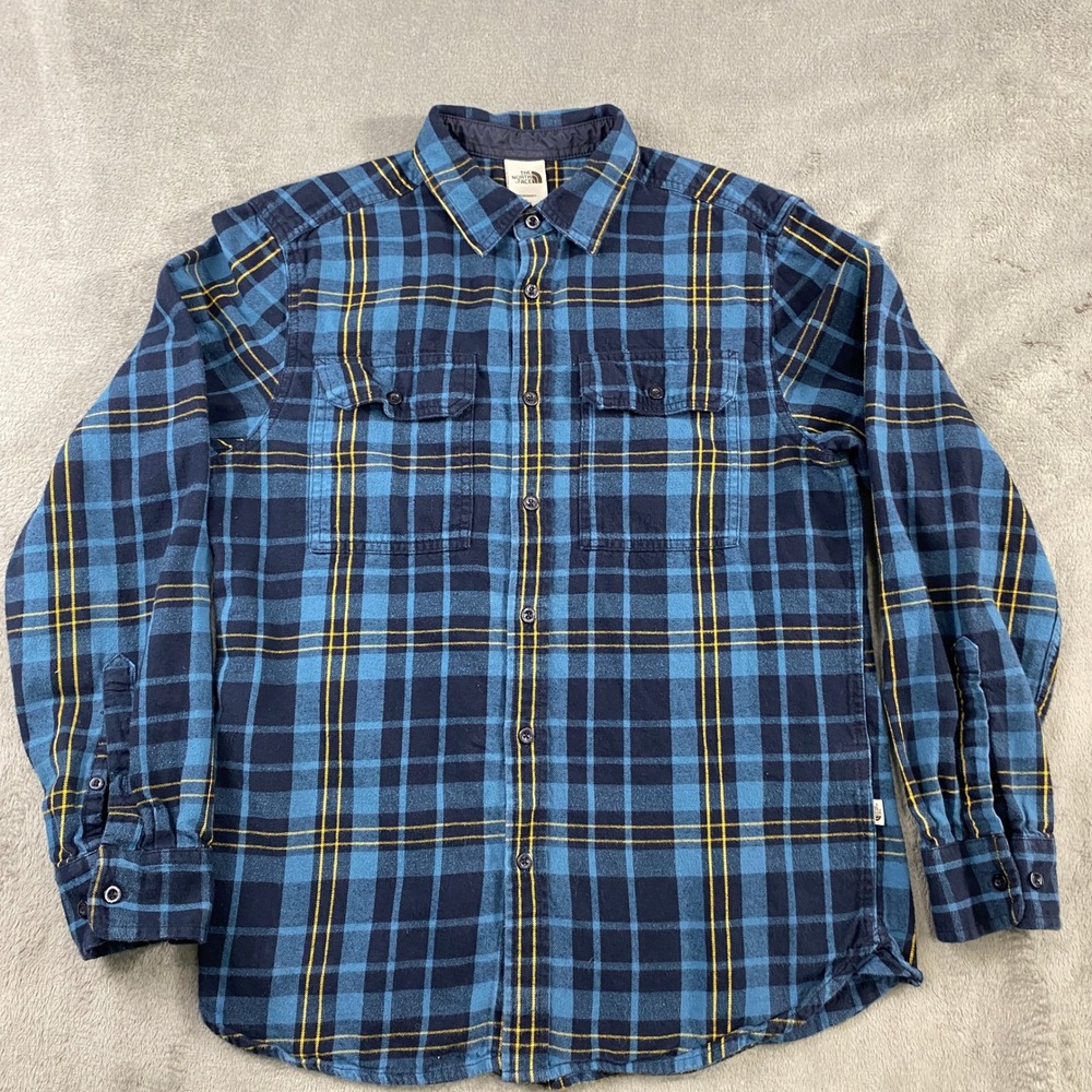 The North Face Mens M Plaid‎ Flannel Blue Long Sleeve Button Up Shirt Hiking